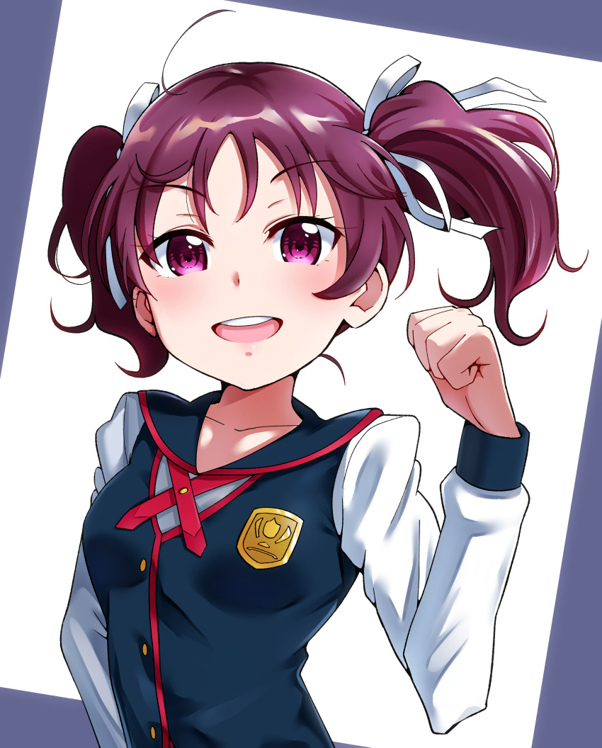 1girl absurdres bangs breasts clenched_hand commentary_request eyebrows_visible_through_hair hair_ribbon highres igarashi_kyouhei kazuno_leah long_hair long_sleeves looking_at_viewer love_live! love_live!_sunshine!! pink_eyes purple_hair ribbon school_uniform small_breasts solo twintails upper_body white_ribbon