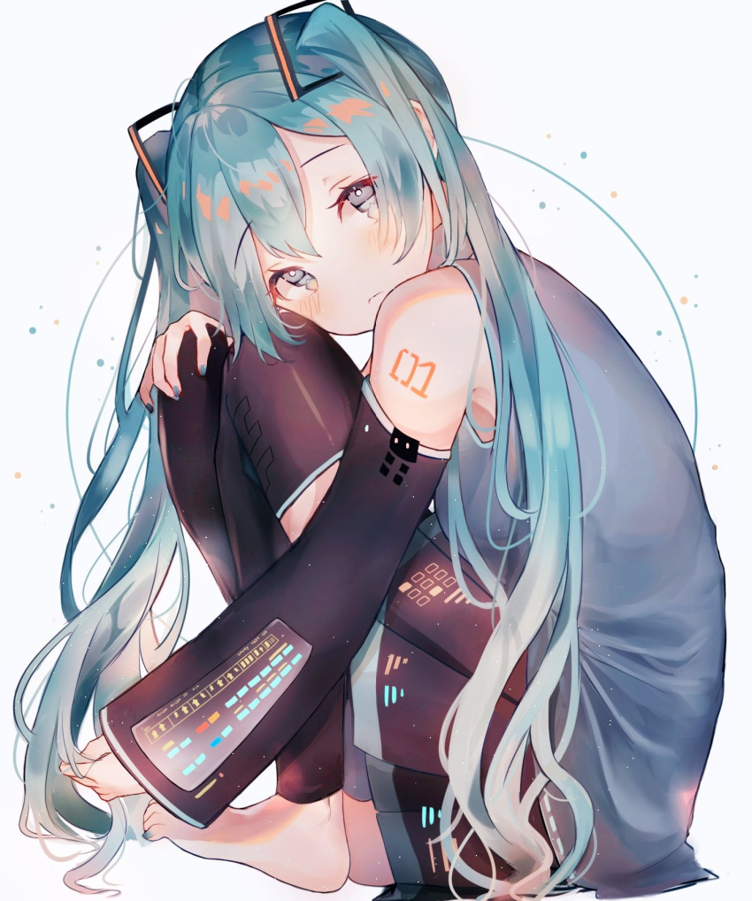 1girl bare_shoulders barefoot black_gloves black_sleeves blue_background blue_eyes blue_hair blue_nails blush closed_mouth commentary commentary_request damo_(xdzt8552) detached_sleeves english_commentary eyebrows_visible_through_hair frown full_body gloves grey_shirt hand_on_own_knee hatsune_miku highres knees_up long_hair long_sleeves looking_at_viewer looking_to_the_side miniskirt nail_polish number_tattoo playing_with_own_hair pleated_skirt shirt shoulder_tattoo sitting skirt solo tattoo toeless_legwear toenail_polish twintails very_long_hair vocaloid