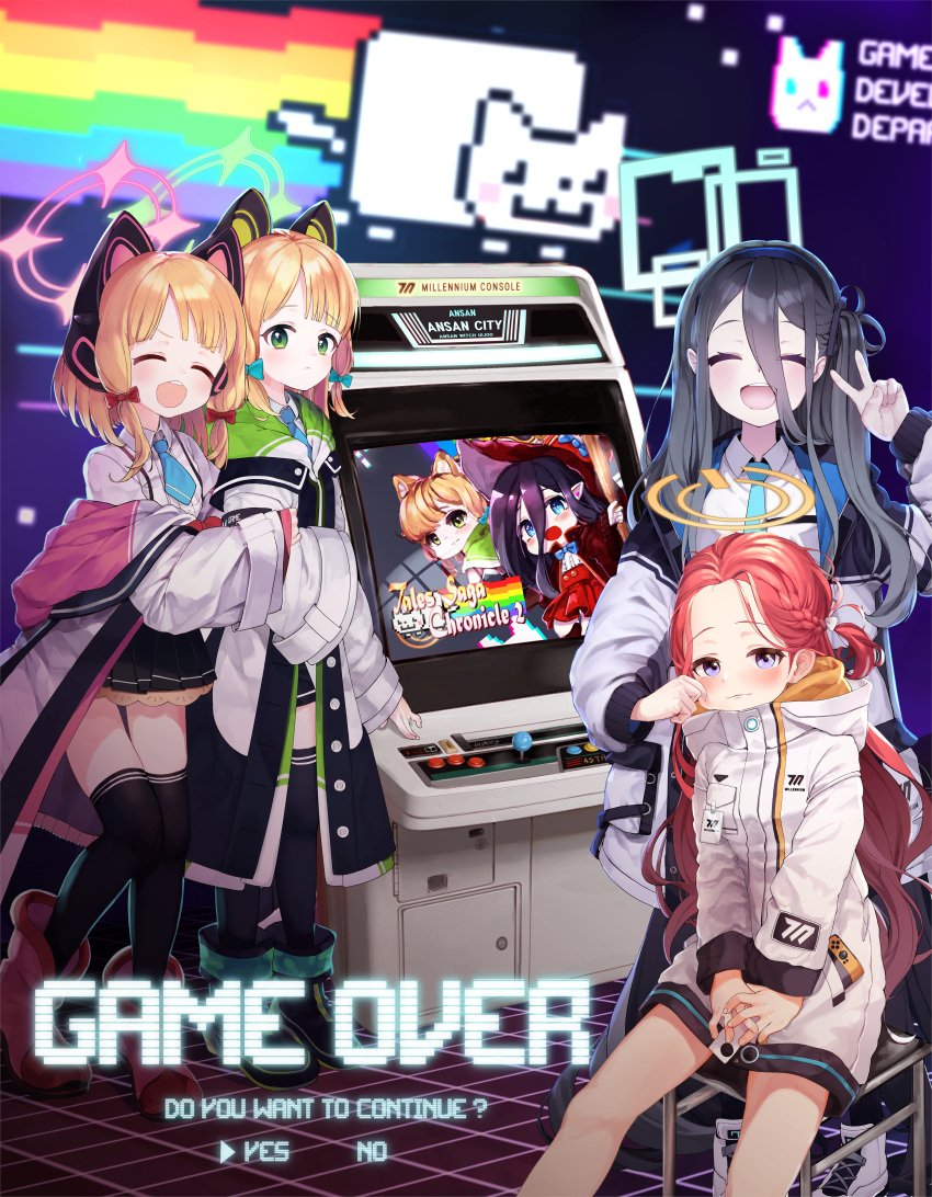 4girls absurdres ansan_ey arisu_(blue_archive) blonde_hair blue_archive blush cat_ear_headphones cheek_pinching closed_eyes commentary english_text game_console hair_between_eyes hair_ornament hair_ribbon headphones highres huge_filesize jacket long_hair looking_at_viewer midori_(blue_archive) momoi_(blue_archive) multiple_girls nyan_cat pinching redhead ribbon short_hair siblings sidelocks smile thigh-highs twins twintails v very_long_hair violet_eyes yuzu_(blue_archive)