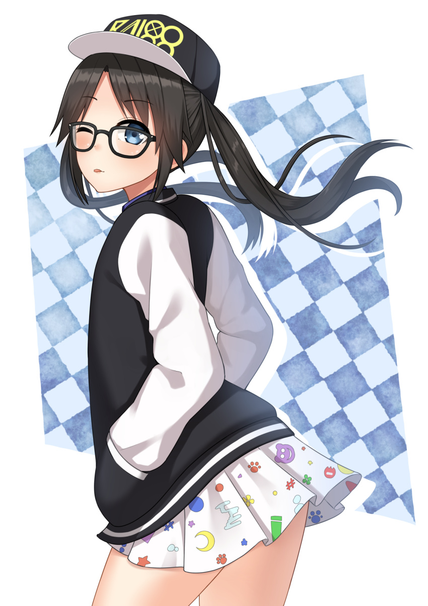 1girl bangs baseball_cap black-framed_eyewear black_hair black_hat black_jacket blue_eyes blush checkered checkered_background commentary_request contrapposto cowboy_shot crescent_print eyebrows_visible_through_hair flat_chest floating_hair from_side glasses hands_in_pockets hat highres idolmaster idolmaster_shiny_colors jacket kurisu-kun long_hair long_sleeves looking_to_the_side miniskirt mitsumine_yuika one_eye_closed parted_bangs paw_print pleated_skirt revision sidelocks skirt solo standing star star_print tongue tongue_out twintails white_background white_skirt