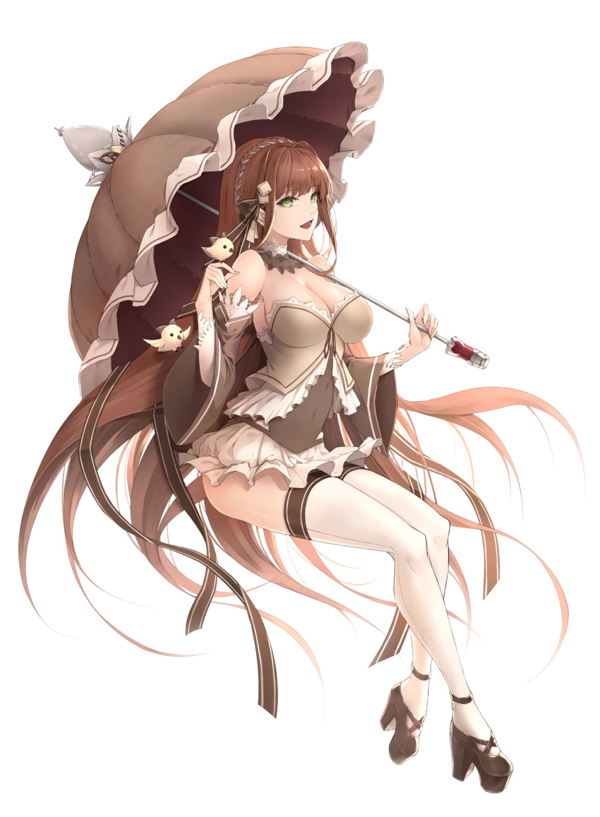 1girl :d animal ass bangs bare_shoulders bird breasts brown_hair cleavage detached_sleeves dress eyebrows_visible_through_hair food_fantasy full_body green_eyes hairband high_heels highres large_breasts limeblock long_hair navel open_mouth see-through simple_background smile solo thigh-highs umbrella very_long_hair white_background white_legwear