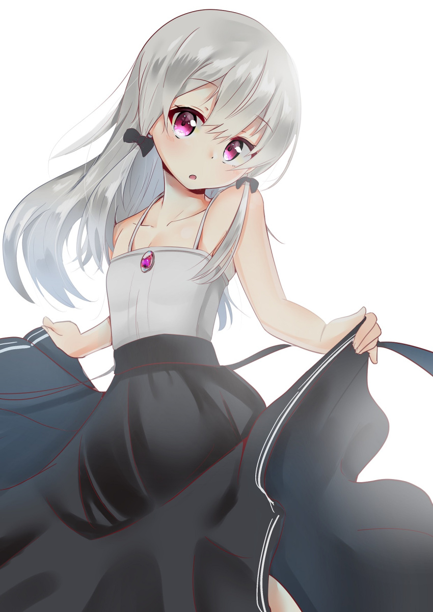 1girl :o bangs bare_arms bare_shoulders black_bow black_skirt bow breasts cac_itinose camisole collarbone commentary_request eyebrows_visible_through_hair fingernails hair_between_eyes hair_bow head_tilt highres long_hair looking_at_viewer parted_lips silver_hair simple_background skirt skirt_hold small_breasts solo sophie_twilight tonari_no_kyuuketsuki-san very_long_hair violet_eyes white_background white_camisole