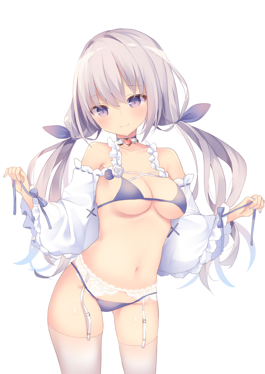 1girl bare_shoulders blue_bow blue_bra blue_choker blue_flower blue_panties blue_ribbon blue_rose bow bra breasts choker cleavage closed_mouth collarbone commentary_request flower garter_belt grey_hair hair_ribbon head_tilt heart highres leaning_forward long_hair long_sleeves low_twintails medium_breasts original panties ribbon ribbon-trimmed_sleeves ribbon_trim rose smile solo standing thigh-highs tsuruse twintails underwear very_long_hair white_flower white_rose wide_sleeves