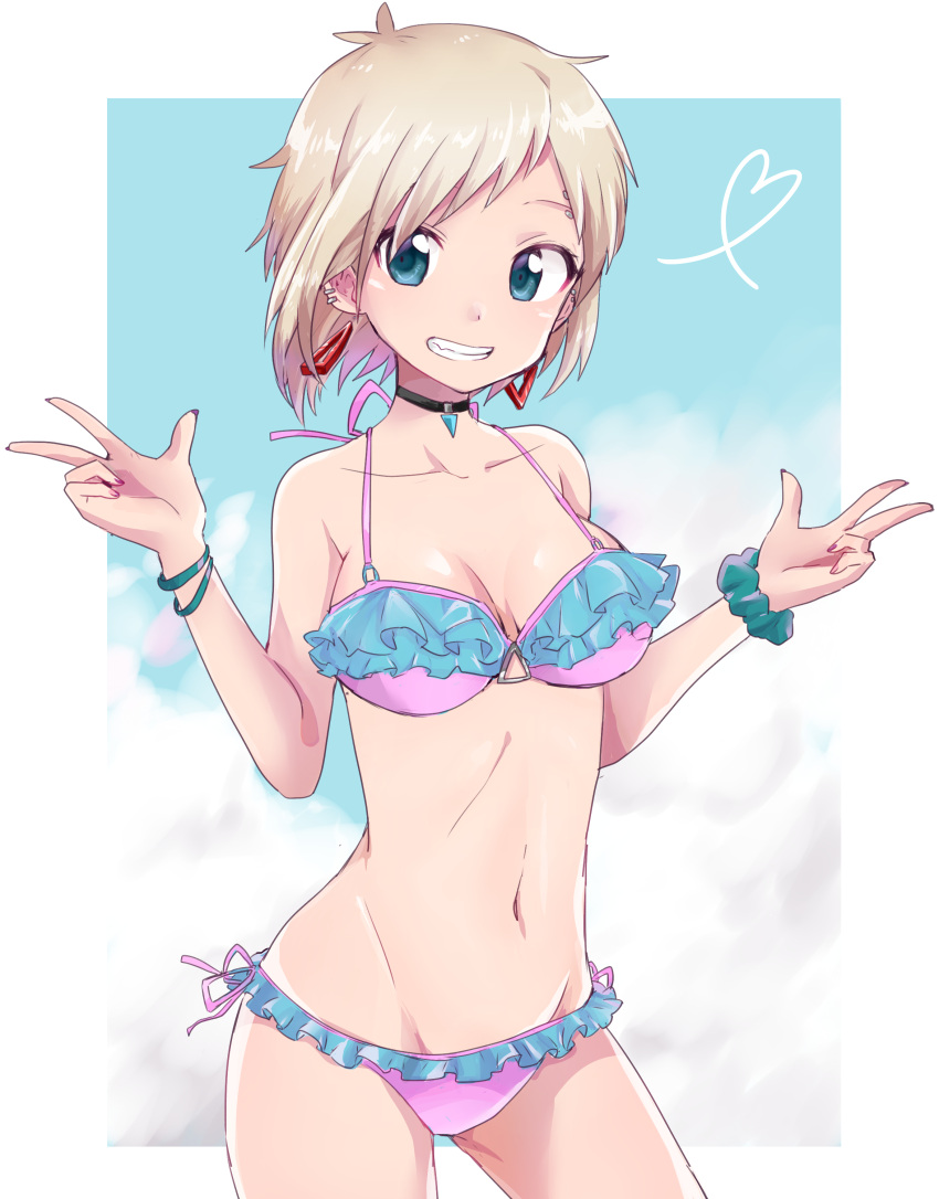 1girl absurdres bikini blonde_hair blue_eyes blush bracelet breasts choker double_v frilled_bikini frills grin highres jessica_(roku_kyuu) jewelry looking_at_viewer medium_breasts navel original piercing pink_bikini roku_kyuu scrunchie scrunchie_removed short_hair side-tie_bikini smile solo swimsuit v