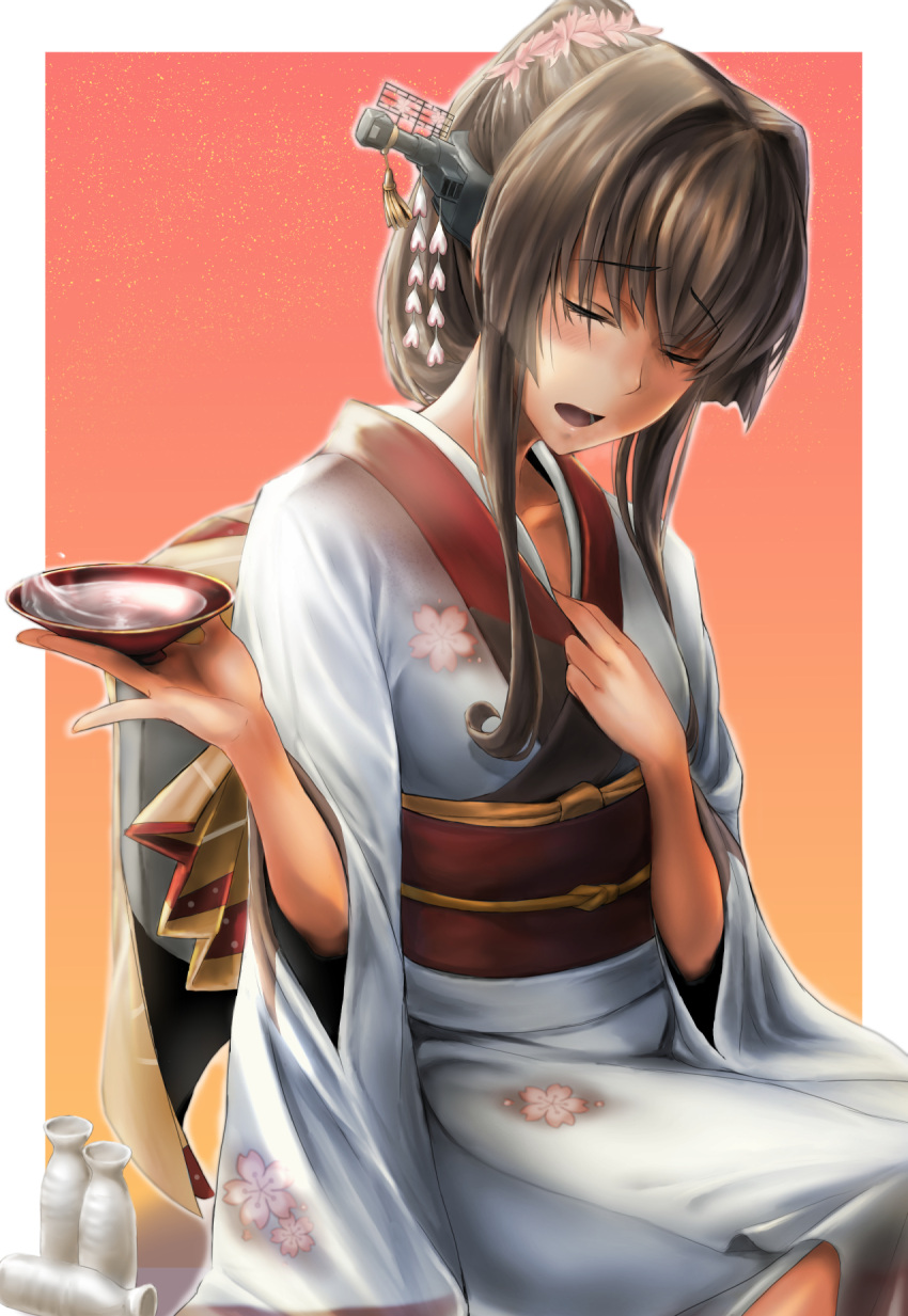 1girl bangs blush bottle breasts brown_hair cherry_blossom_print cup drunk eyebrows_visible_through_hair flower hair_flower hair_ornament headgear highres holding holding_cup japanese_clothes kantai_collection kimono kokuzoo large_breasts long_hair obi ponytail sake_bottle sash sidelocks sitting solo very_long_hair white_kimono wide_sleeves yamato_(kantai_collection)
