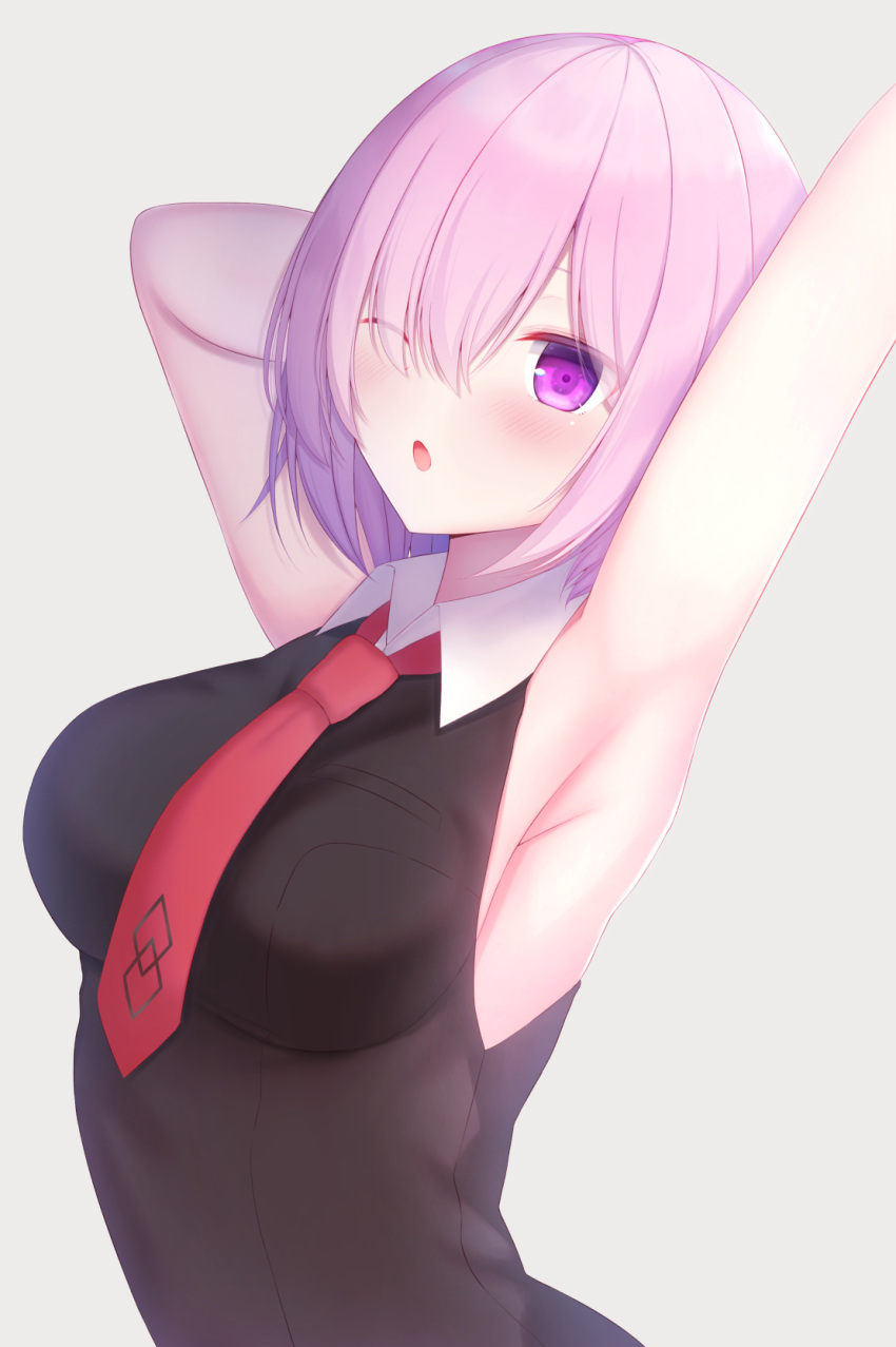 1girl ;o arched_back arm_behind_head armpits arms_up bangs bare_arms bare_shoulders black_shirt blush breasts collared_shirt commentary_request fate/grand_order fate_(series) firepo grey_background hair_between_eyes hair_over_one_eye highres looking_at_viewer mash_kyrielight medium_breasts necktie one_eye_closed outstretched_arm parted_lips purple_hair red_neckwear shirt short_hair simple_background sleeveless sleeveless_shirt solo upper_body violet_eyes