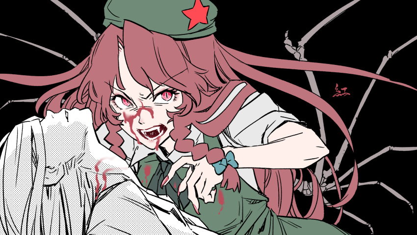 2girls bangs blood blood_on_face bloody_clothes bow braid character_request commentary_request eyebrows_visible_through_hair fangs fingernails green_bow green_hat hair_bow hat highres hong_meiling kawayabug long_fingernails long_hair looking_at_viewer multiple_girls nail_polish open_mouth parted_lips red_eyes redhead short_sleeves slit_pupils star touhou twin_braids