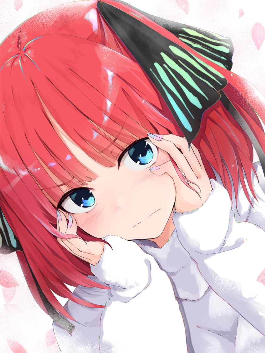 1girl bangs blue_eyes blue_nails blush closed_mouth commentary_request dutch_angle embarrassed eyebrows_visible_through_hair fingernails fuu_(fuore) go-toubun_no_hanayome hair_ornament hands_on_own_cheeks hands_on_own_face highres long_sleeves looking_at_viewer multicolored multicolored_nails nail_polish nakano_nino pink_nails redhead short_hair solo sweater white_sweater