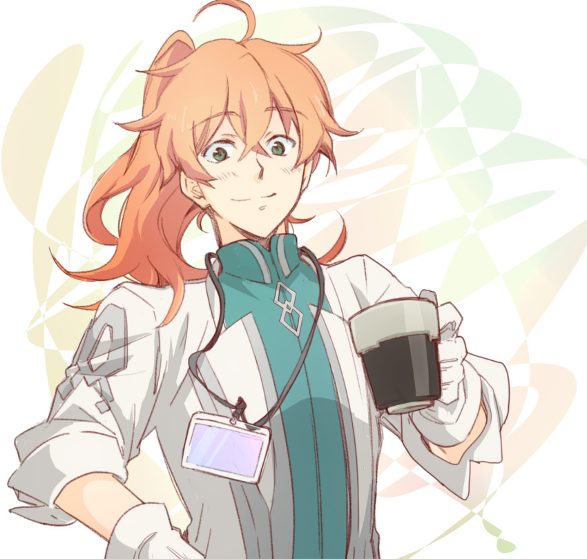 1boy abstract_background ahoge blush chaldea_uniform cup eyebrows_visible_through_hair fate/grand_order fate_(series) gloves green_eyes hand_up high_collar highres holding holding_cup id_card labcoat looking_at_viewer messy_hair orange_hair ponytail romani_archaman sketch smile solo upper_body white_background white_gloves wing_collar yuki_1217k