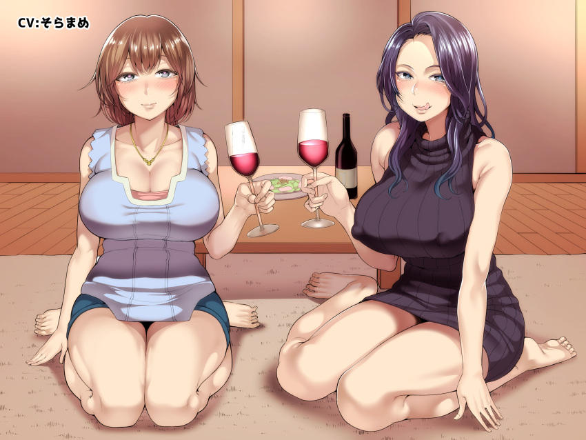 2girls bare_legs bare_shoulders blush bottle breasts brown_hair cleavage closed_mouth collarbone commentary_request cup drinking_glass erect_nipples highres indoors kayumidome large_breasts lips long_hair looking_at_viewer multiple_girls naughty_face original purple_hair shiny shiny_hair short_hair sitting smile tongue tongue_out violet_eyes wavy_hair wine_bottle wine_glass