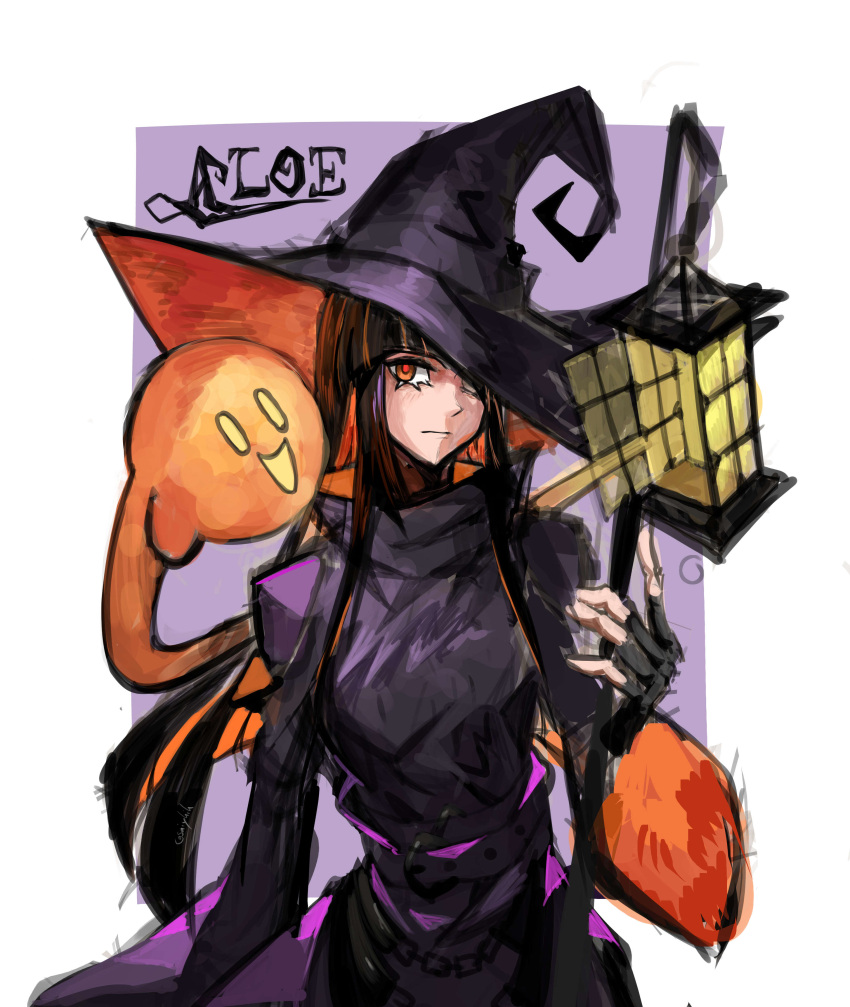1girl absurdres artist_name belt black_dress black_gloves black_hair black_jacket border brown_hair chain character_name closed_mouth colored_inner_hair commentary dress expressionless ghost gloves hat highres holding jacket long_fingers long_hair looking_at_viewer multicolored_hair orange_eyes orange_hair original outside_border purple_background red_pupils saiykik sidelocks signature simple_background solo two-tone_hair very_long_hair watermark white_border witch witch_hat