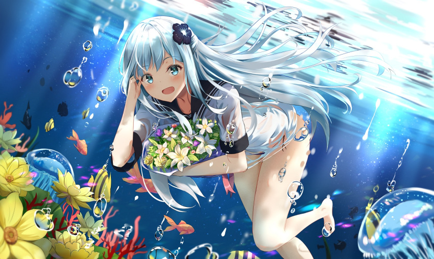 1girl :d air_bubble animal bangs bare_legs barefoot bikini bikini_bottom black_bikini_bottom black_flower black_sailor_collar blue_eyes blue_hair blush bouquet bubble commentary_request coral day dutch_angle eyebrows_visible_through_hair fish flower freediving hair_flower hair_ornament jellyfish long_hair mobu_(wddtfy61) open_mouth original outdoors sailor_collar school_uniform see-through serafuku shirt short_sleeves side-tie_bikini smile solo swimming swimsuit underwater very_long_hair water wet wet_clothes wet_shirt white_flower white_shirt yellow_flower