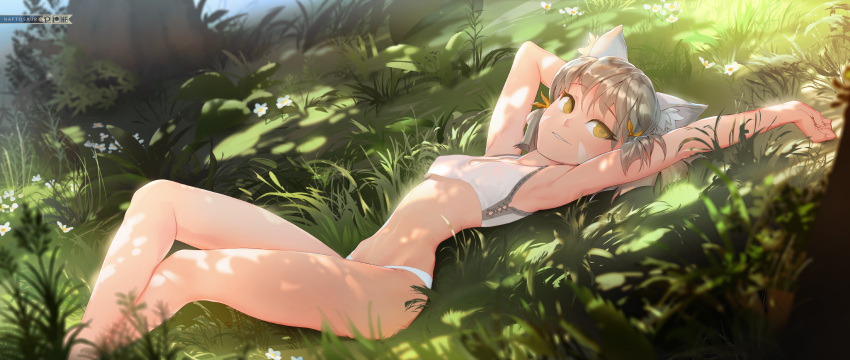 1girl animal_ears arm_up armpits bra breasts cat_ears erect_nipples eyebrows_visible_through_hair flower grass grey_hair highres legs_together looking_to_the_side lying naftosaur nature navel nintendo niyah on_back panties parted_lips shade short_hair small_breasts smile solo stomach stretch sunlight tree underwear whisker_markings white_panties xenoblade_(series) xenoblade_2 yellow_eyes