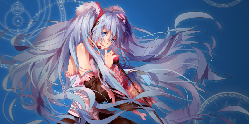 1girl absurdly_long_hair black_skirt black_sleeves blue_background blue_eyes blue_hair blue_neckwear detached_sleeves floating_hair frilled_sleeves frills hair_between_eyes hatsune_miku highres holding_microphone_stand long_hair long_sleeves necktie nianbingzi open_mouth pleated_skirt shiny shiny_hair shirt skirt solo standing twintails very_long_hair vocaloid white_sleeves