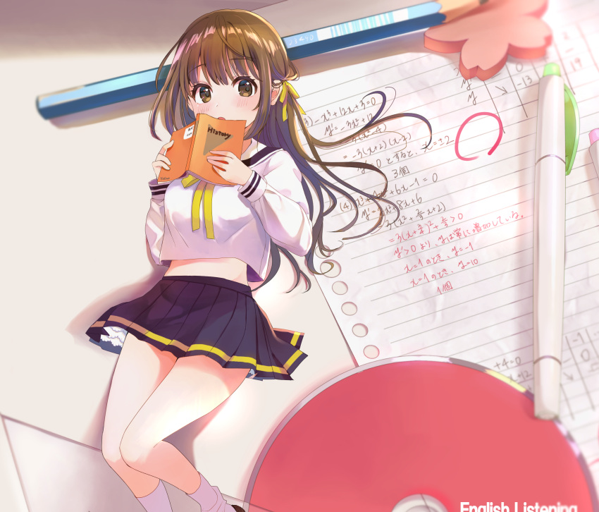 1girl :o bangs black_sailor_collar black_skirt blush book breasts brown_eyes brown_hair commentary_request crop_top crop_top_overhang eraser eyebrows_visible_through_hair hair_ribbon hair_spread_out hands_up highres holding holding_book long_hair long_sleeves looking_at_viewer lying medium_breasts midriff minigirl miniskirt neck_ribbon on_back open_book open_mouth original paper pen pencil pleated_skirt ribbon sailor_collar school_uniform serafuku shirt sidelocks skirt socks solo tareme thighs white_legwear white_shirt yellow_neckwear yellow_ribbon yushima