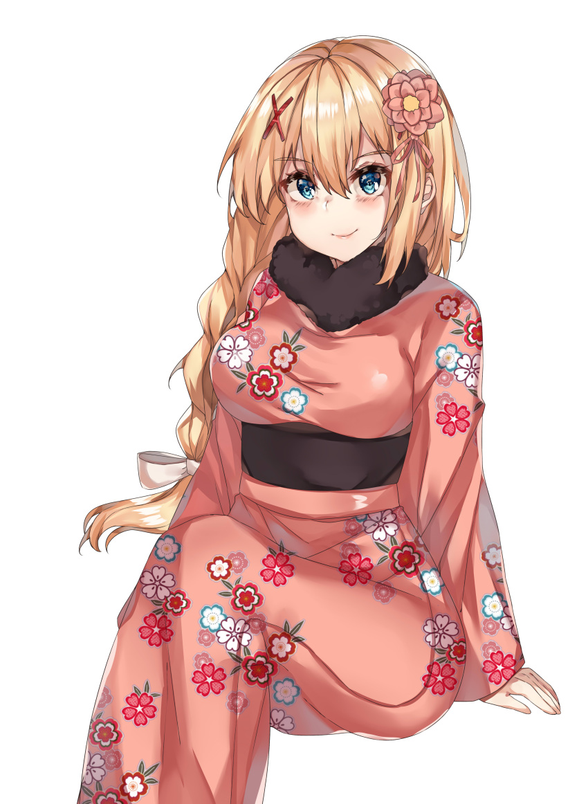 1girl absurdres blonde_hair blue_eyes blush breasts darkness_(konosuba) flower hair_flower hair_ornament highres japanese_clothes kanniepan kimono kono_subarashii_sekai_ni_shukufuku_wo! large_breasts pink_flower pink_kimono ribbon sash sitting smile white_ribbon