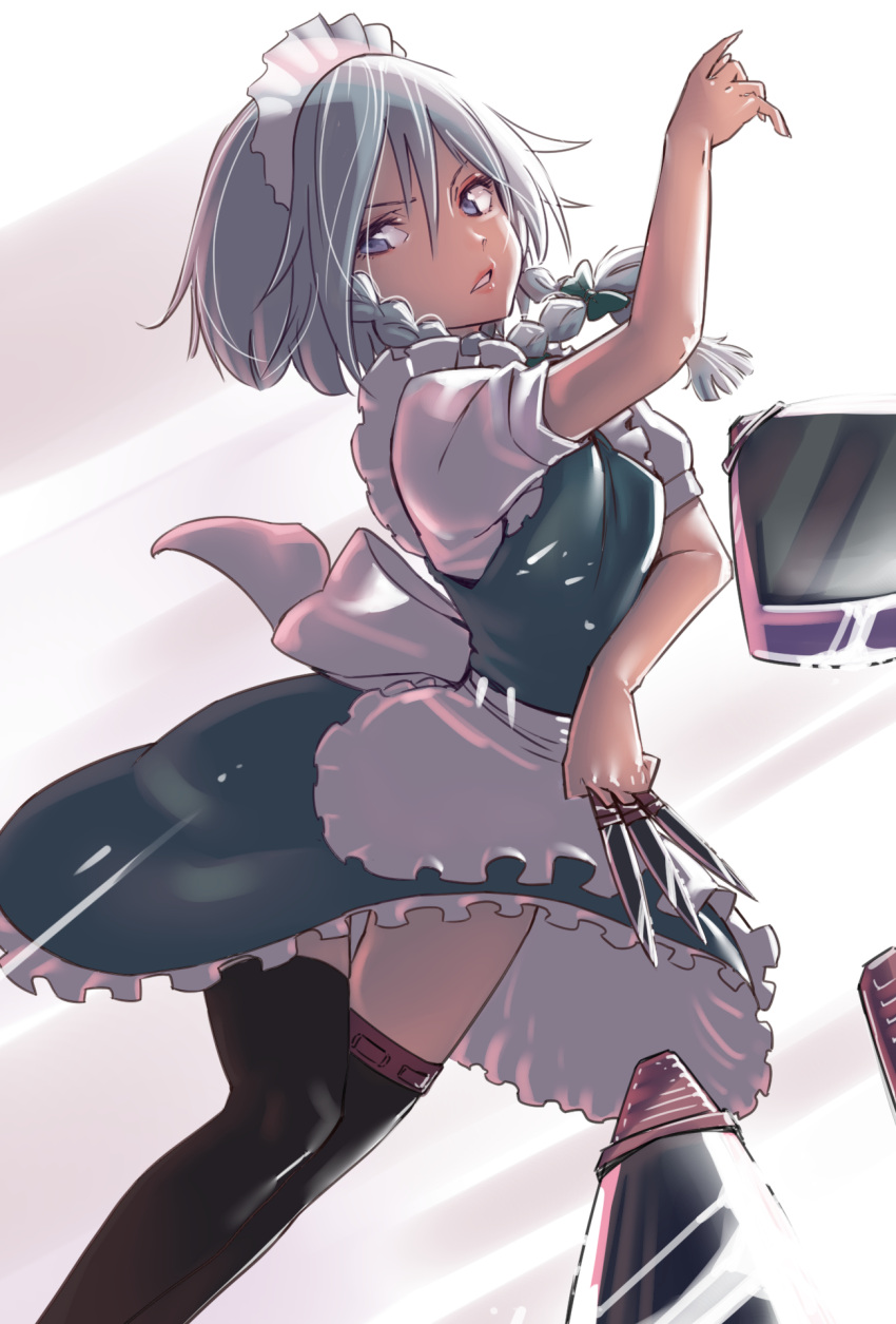 1girl apron arm_up bangs between_fingers black_gloves black_legwear blue_eyes bow braid gloves hair_between_eyes hair_bow highres holding holding_knife holding_weapon izayoi_sakuya kawayabug knife maid maid_headdress parted_lips short_sleeves silver_hair solo thigh-highs touhou twin_braids waist_apron weapon white_apron