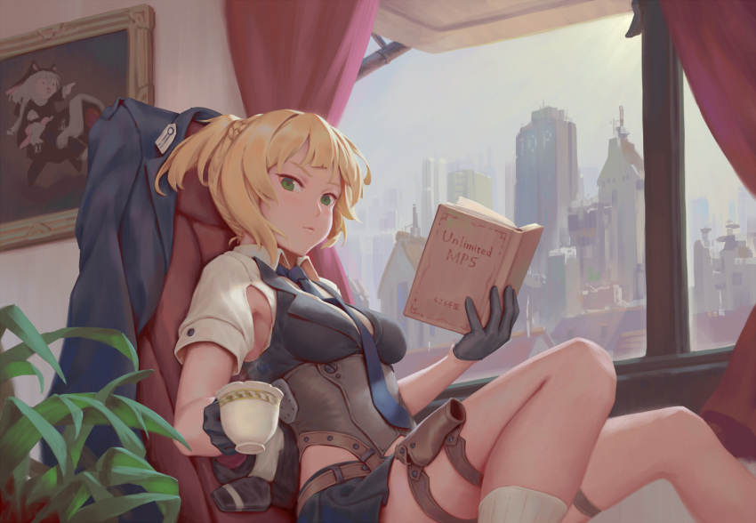 bangs belt bigrbear black_gloves blonde_hair blue_neckwear blue_skirt book braid breasts chair closed_mouth commentary_request cup curtains day english_text feet_out_of_frame from_side girls_frontline gloves green_eyes grey_sky highres holding holding_book holster leg_holster leg_strap looking_at_viewer looking_to_the_side medium_breasts necktie open_book painting_(object) plant potted_plant short_hair sitting skirt socks teacup twintails welrod_mk2_(girls_frontline) white_legwear window