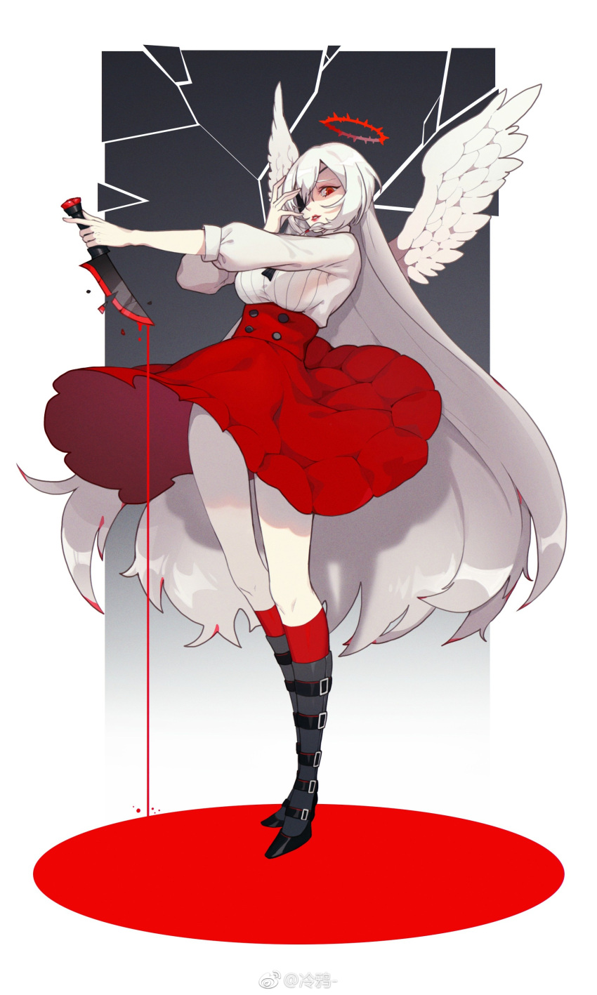 1girl absurdres angel_wings belt_boots belt_buckle blood bloody_hair bloody_knife boots broken broken_glass broken_weapon buckle buttons cold_weather crack dress eyepatch flower glass halo high_heels highres holding holding_knife holding_weapon knife long_hair original pool_of_blood red_dress red_eyes red_legwear red_lips rose solo standing thigh-highs thorns weapon white_hair wings