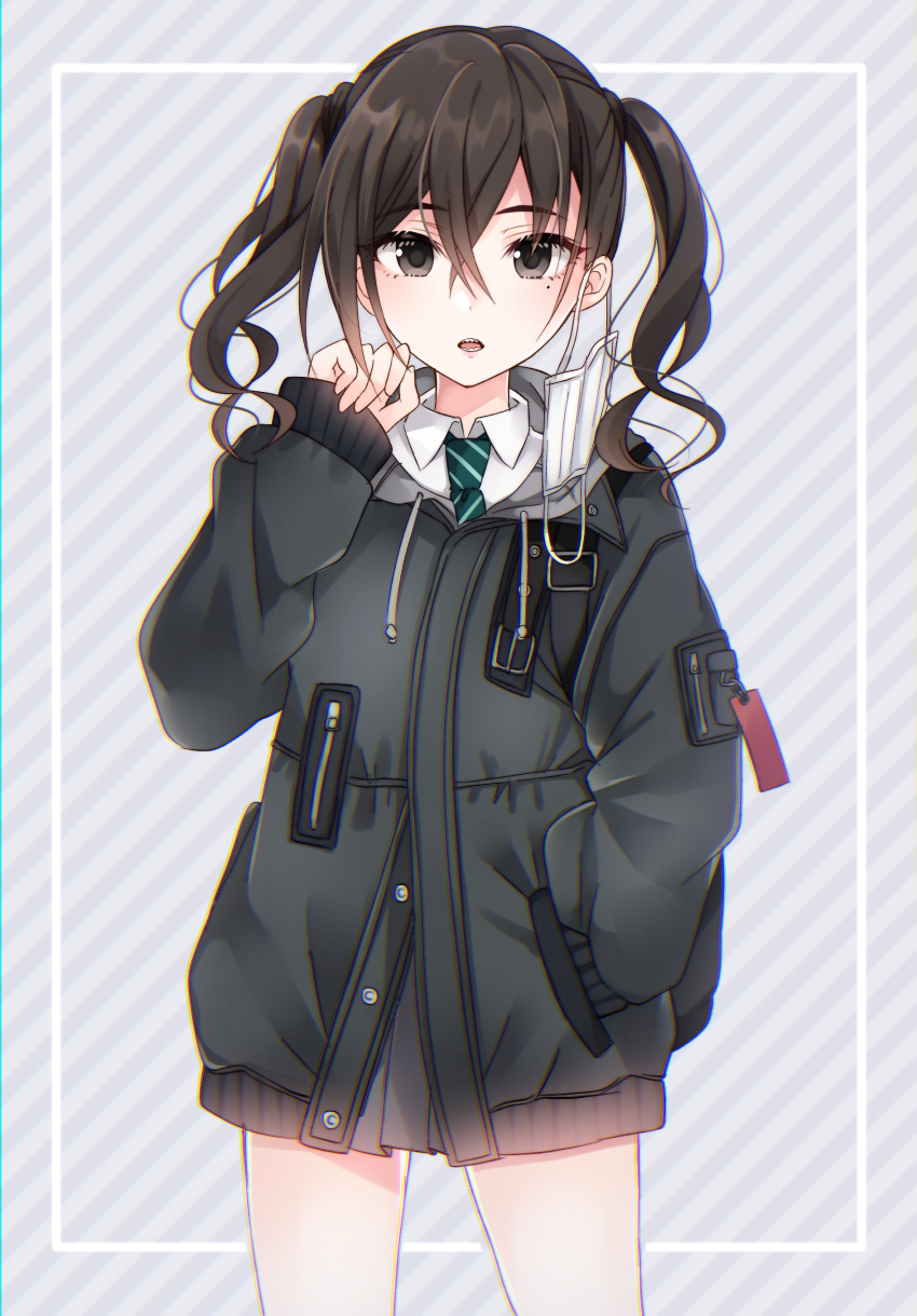 1girl absurdres backpack bag bangs black_eyes black_hair black_jacket black_skirt buttons collared_shirt commentary_request cowboy_shot drawstring eyebrows_visible_through_hair green_neckwear grey_background hair_between_eyes hand_in_pocket hand_up highres hood hooded_jacket idolmaster idolmaster_cinderella_girls jacket legs_apart long_hair long_sleeves looking_at_viewer miniskirt mole mole_under_eye necktie parted_lips pleated_skirt school_uniform sharp_teeth shirt sidelocks skirt sleeves_past_wrists solo standing striped striped_background striped_neckwear sunazuka_akira surgical_mask teeth thighs twintails wakatsuki_you wavy_hair white_shirt