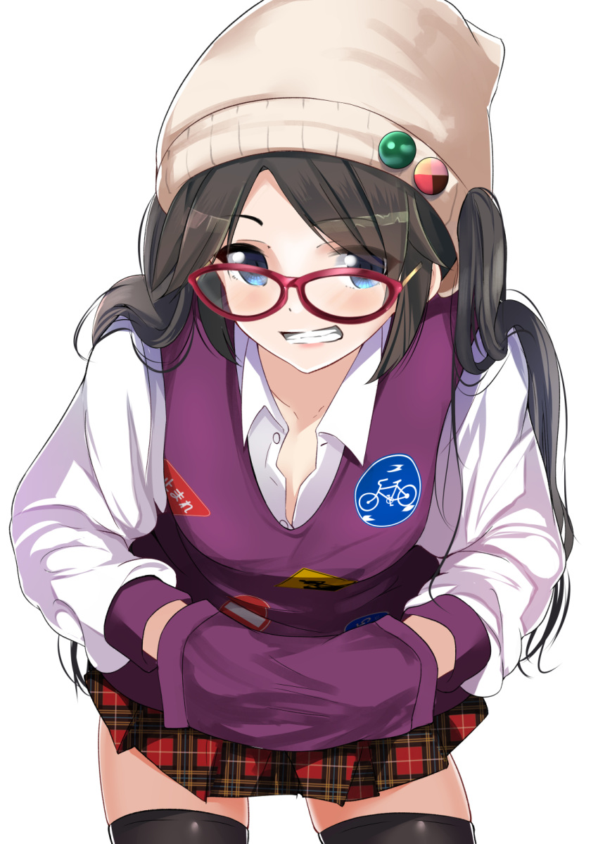 1girl :d bangs beanie black_hair black_legwear blue_eyes blush breasts collarbone collared_shirt commentary_request cowboy_shot dress_shirt eyebrows_visible_through_hair glasses grin hair_through_headwear hands_in_pockets hat highres idolmaster idolmaster_shiny_colors jacket leaning_forward legs_apart long_hair long_sleeves looking_at_viewer miniskirt mitsumine_yuika open_mouth parted_bangs plaid plaid_skirt pleated_skirt purple_jacket red-framed_eyewear schreibe_shura shirt sidelocks simple_background skirt small_breasts smile solo standing teeth thigh-highs twintails unbuttoned unbuttoned_shirt white_background white_hat white_shirt zettai_ryouiki