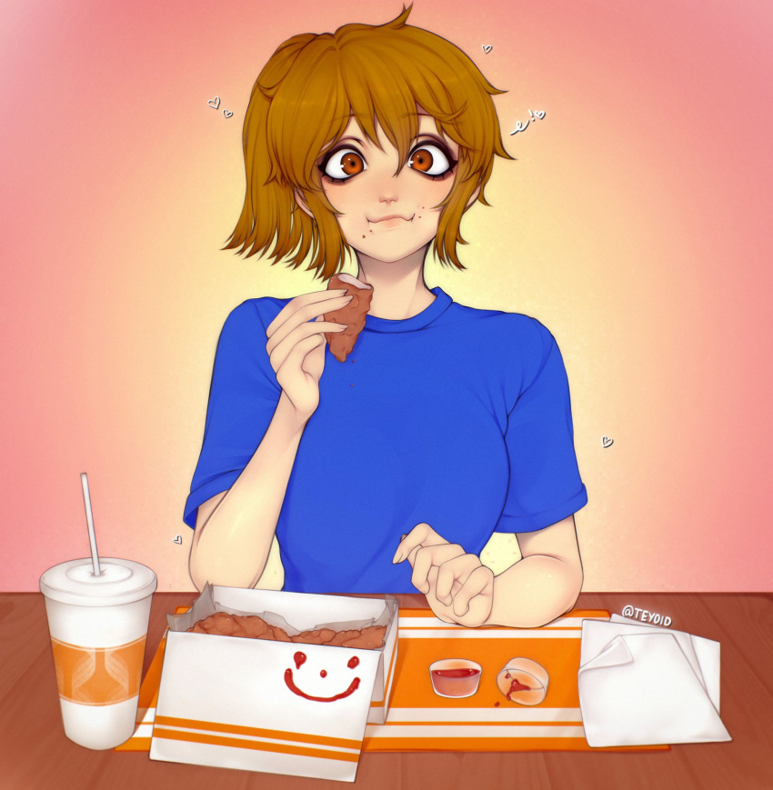 1girl blue_shirt brown_eyes brown_hair character_request chicken_(food) chicken_nuggets cup drinking_straw eating food gradient gradient_background heart highres holding holding_food looking_at_viewer meme original pink_background ponytail shirt short_sleeves smile solo teyoid twitter_username upper_body yellow_background