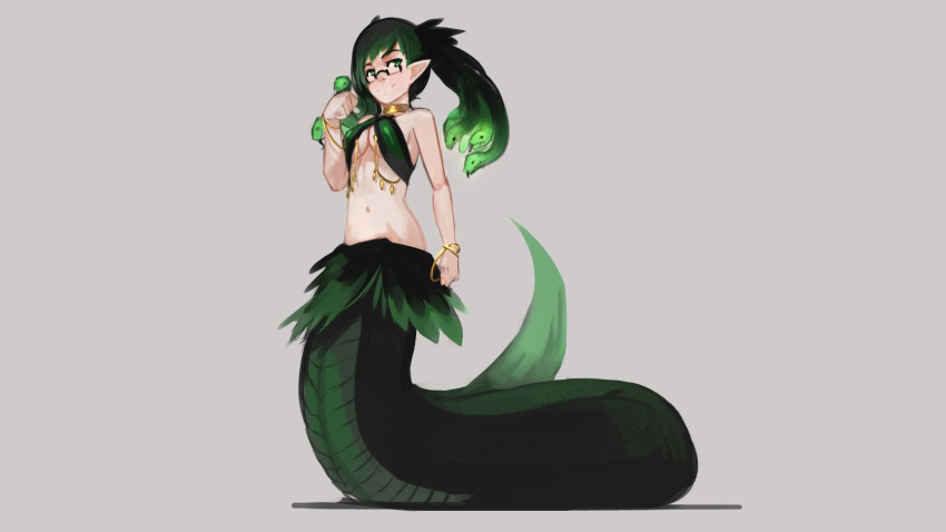 1girl black_hair bracelet breasts commentary english_commentary fusion glasses gradient_hair green_eyes green_hair grey_background hand_up highres jewelry lamia long_hair looking_at_viewer medium_breasts medusa_(monster_girl_encyclopedia) monster_girl monster_girl_encyclopedia multicolored_hair navel original paintrfiend pointy_ears rectangular_eyewear simple_background smile snake_hair solo tharkis twintails