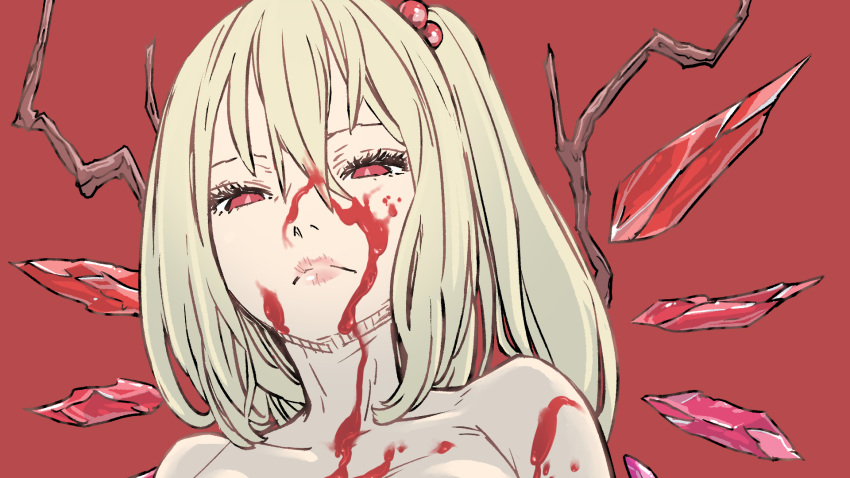 1girl bangs blood blood_on_face closed_mouth expressionless flandre_scarlet hair_between_eyes highres kawayabug lips looking_at_viewer portrait red_background red_eyes side_ponytail silver_hair solo touhou