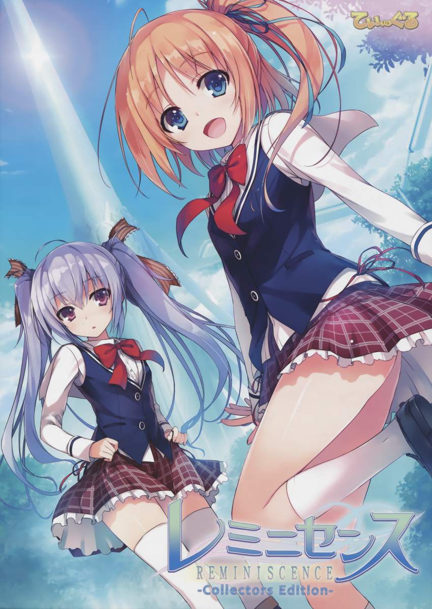2girls absurdres bangs blue_eyes bow bowtie buttons day eyebrows_visible_through_hair highres kizuna lavender_hair leg_up long_sleeves looking_at_viewer multiple_girls official_art open_mouth orange_hair outdoors parted_lips pleated_skirt reminiscence ribbon school_uniform shimazu_aki shiny shiny_hair shiny_skin shoes side_ponytail skirt smile thigh-highs tomose_shunsaku twintails violet_eyes white_legwear zettai_ryouiki