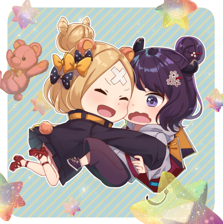 2girls :d ^_^ abigail_williams_(fate/grand_order) animal_ears bangs bear_ears bear_girl bear_tail black_bow black_jacket blonde_hair blush bow brown_pants closed_eyes closed_eyes commentary_request crossed_bandaids fate/grand_order fate_(series) grey_hoodie hair_bow hair_bun heroic_spirit_traveling_outfit high_heels highres hood hood_down hoodie jacket katsushika_hokusai_(fate/grand_order) kemonomimi_mode kurono_kito long_hair long_sleeves multiple_girls open_mouth orange_bow outstretched_arms pants parted_bangs polka_dot polka_dot_bow red_footwear revision saint_quartz shoes sleeves_past_fingers sleeves_past_wrists smile stuffed_animal stuffed_toy tail teddy_bear violet_eyes