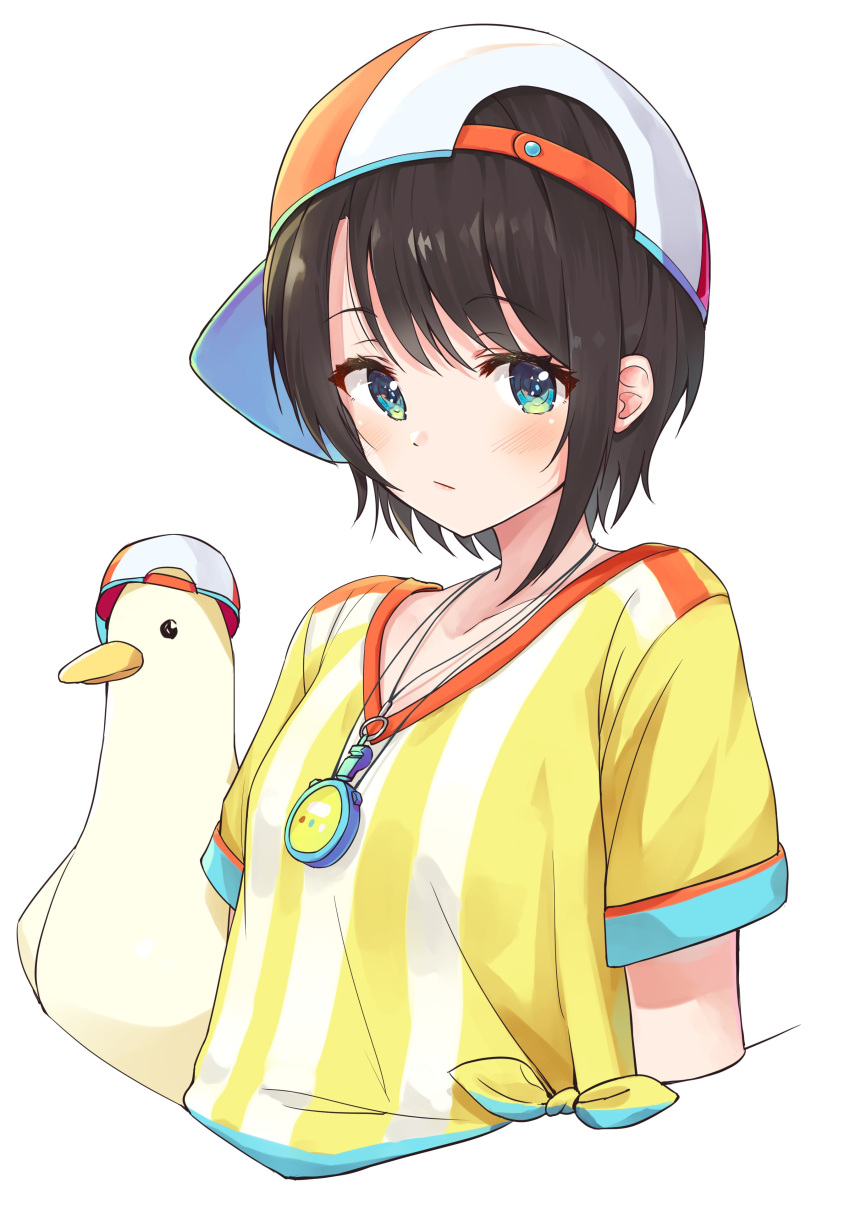 1girl absurdres bird black_hair blue_eyes breasts collarbone commentary_request duck hat highres hololive looking_at_viewer oozora_subaru portrait racchi. shirt short_hair simple_background small_breasts solo stopwatch striped striped_shirt virtual_youtuber watch