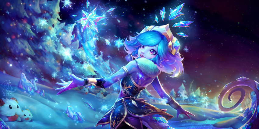 1girl 2019 armband armlet black_eyes blue_hair blue_nails blush bracelet closed_eyes frozen fur_trim gem highres ice jewelry kanmai_x_sou league_of_legends medium_hair multicolored_hair nail_polish neeko parted_lips pink_lips poro_(league_of_legends) purple_hair reflection signature silhouette snow snowflakes snowing sparkle sparkling_eyes star tail tattoo tongue tongue_out tree violet_eyes