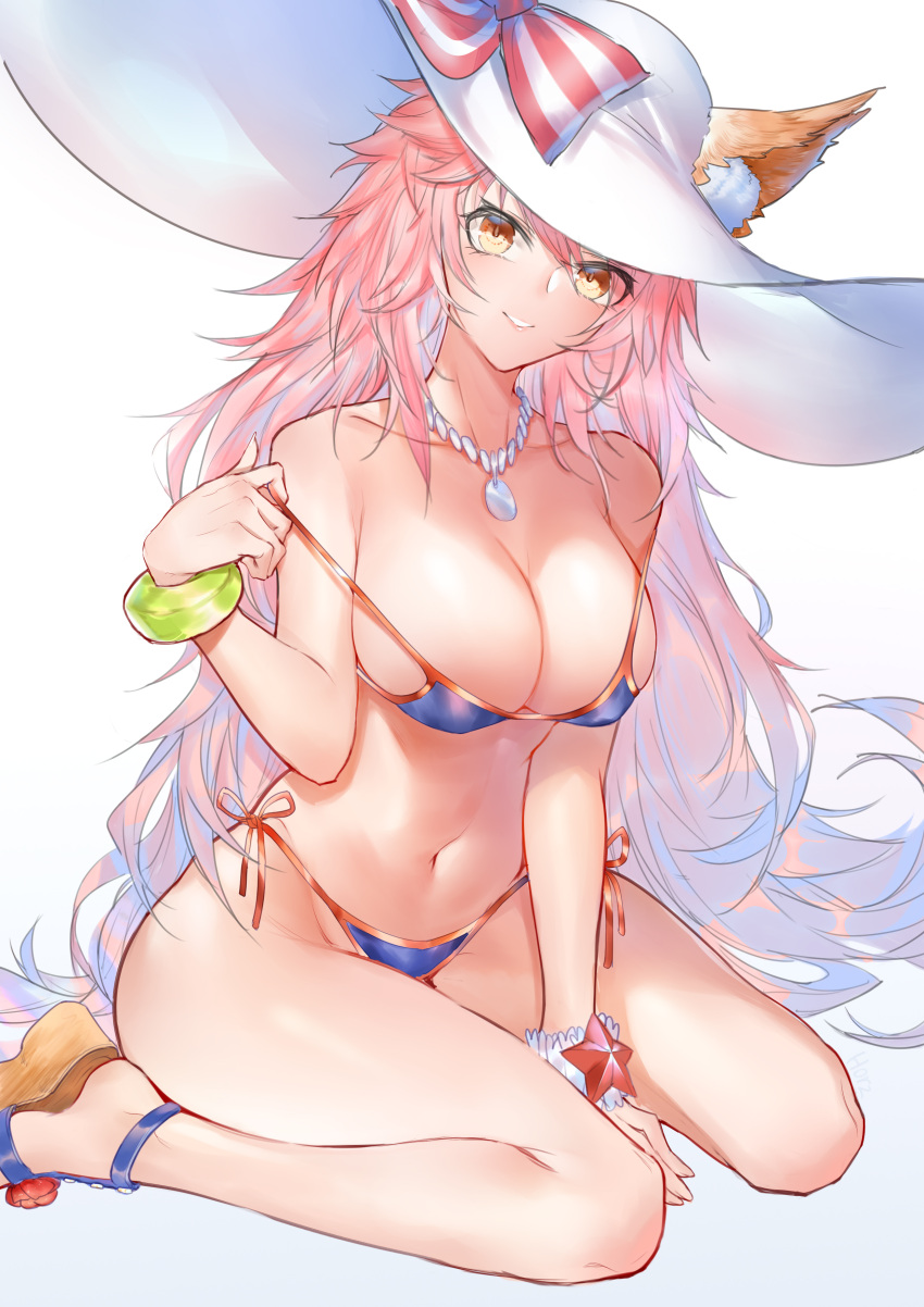 1girl absurdres animal_ear_fluff animal_ears bare_shoulders bikini blue_bikini blush bracelet breasts cleavage collarbone ears_through_headwear fate/extra fate/grand_order fate_(series) fox_ears fox_tail hat highres horz jewelry large_breasts long_hair looking_at_viewer navel necklace parted_lips pink_hair sandals side-tie_bikini simple_background sitting sketch smile solo sun_hat swimsuit tail tamamo_(fate)_(all) tamamo_no_mae_(fate) tamamo_no_mae_(swimsuit_lancer)_(fate) wariza white_background yellow_eyes