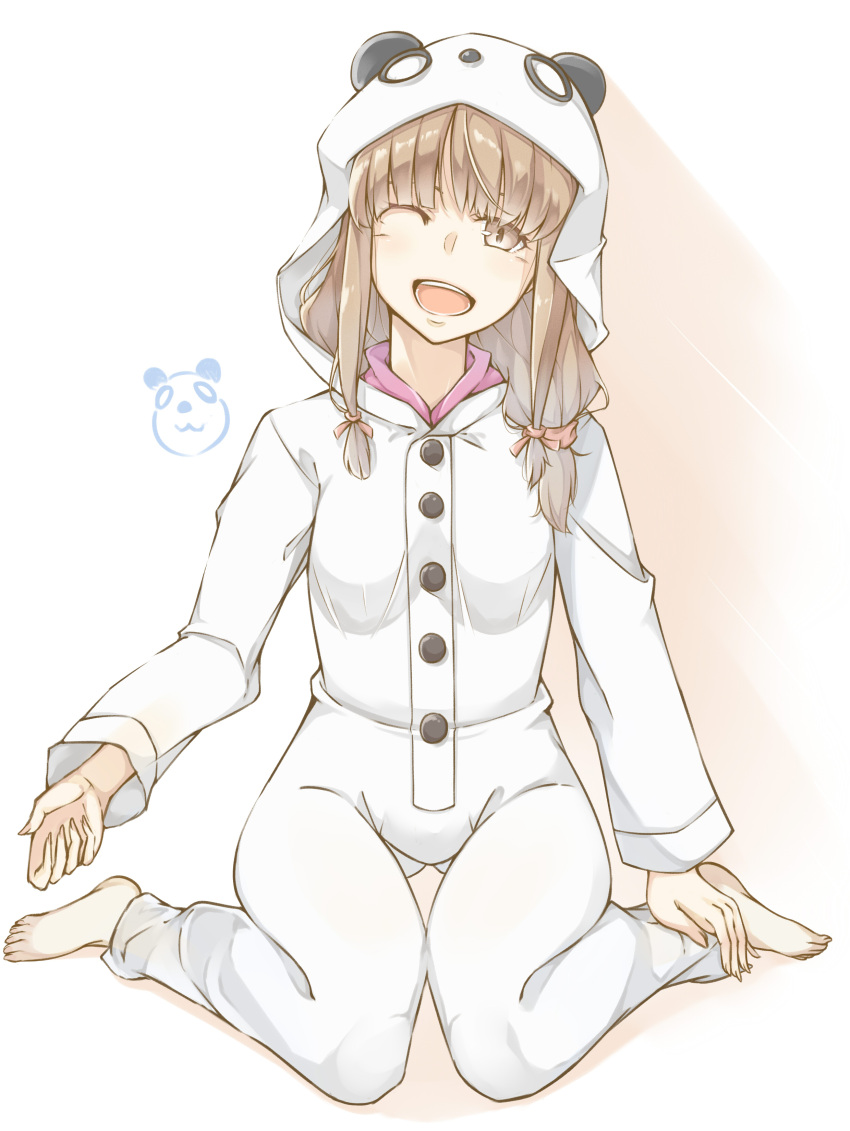 1girl ;d absurdres animal_costume animal_ears azusagawa_kaede barefoot blush brown_eyes brown_hair dogisan eyebrows_visible_through_hair feet hair_ornament highres hood long_hair looking_at_viewer one_eye_closed open_mouth panda_costume seishun_buta_yarou sitting smile wariza