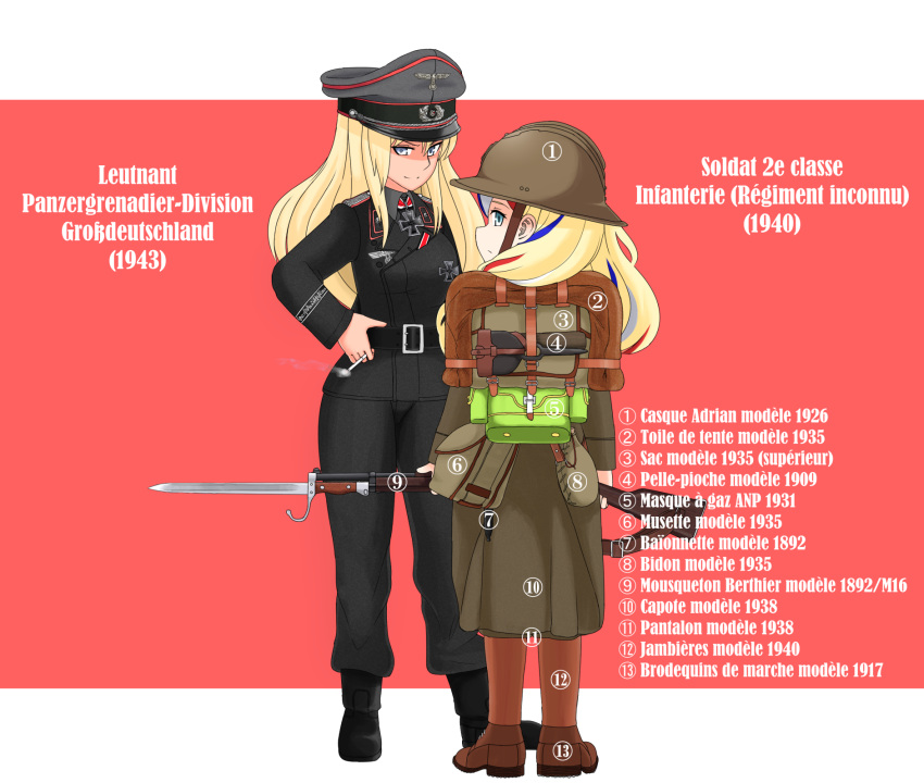2girls alternate_costume backpack bag bismarck_(kantai_collection) black_coat black_pants blonde_hair blue_eyes blue_hair boots border cigarette commandant_teste_(kantai_collection) commentary_request french_army gun hat helmet highres holding holding_cigarette kantai_collection long_hair military military_hat military_uniform multicolored multicolored_hair multiple_girls nb_(pixiv594732) pants peaked_cap pink_background redhead rifle streaked_hair title trench_coat uniform weapon wehrmacht white_border white_hair