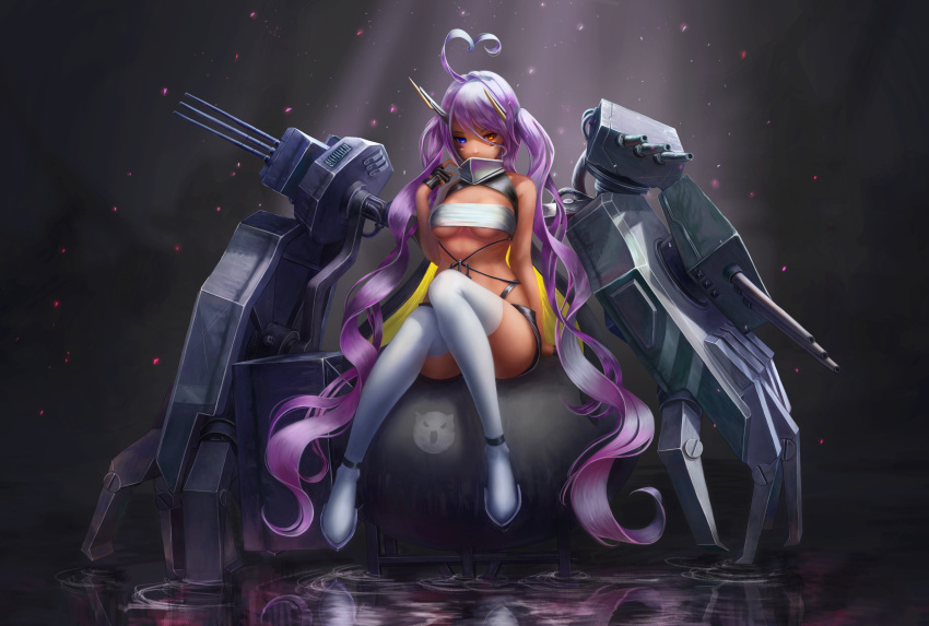 1girl absurdres ahoge asymmetrical_legwear atomic_bomb azur_lane bandeau bare_shoulders blue_eyes breasts cannon dark_skin dori_(pixiv_36360503) gloves hand_up headgear heart_ahoge heterochromia highres huge_filesize indianapolis_(azur_lane) light_particles long_hair looking_at_viewer medium_breasts partly_fingerless_gloves pink_hair rigging ripples rudder_footwear sitting strapless thigh-highs turret twintails under_boob very_long_hair white_legwear yellow_eyes