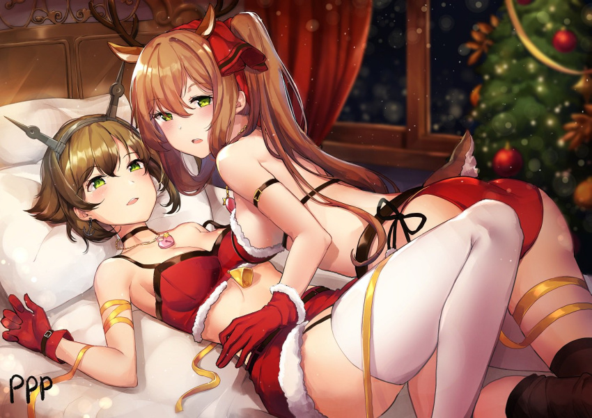 2girls animal_ears antlers armband ass bada_(jksh5056) black_choker black_legwear breasts brown_hair choker christmas christmas_tree collarbone commission commissioner_upload fake_animal_ears fur_trim girls_frontline gloves green_eyes headgear heart_lock_(kantai_collection) kantai_collection large_breasts long_hair looking_at_viewer lying m1903_springfield_(girls_frontline) midriff miniskirt multiple_girls mutsu_(kantai_collection) night on_back on_bed on_person panties ponytail red_gloves red_panties red_skirt reindeer_antlers sideboob skirt socks take_your_pick thigh-highs tied_hair underwear white_legwear