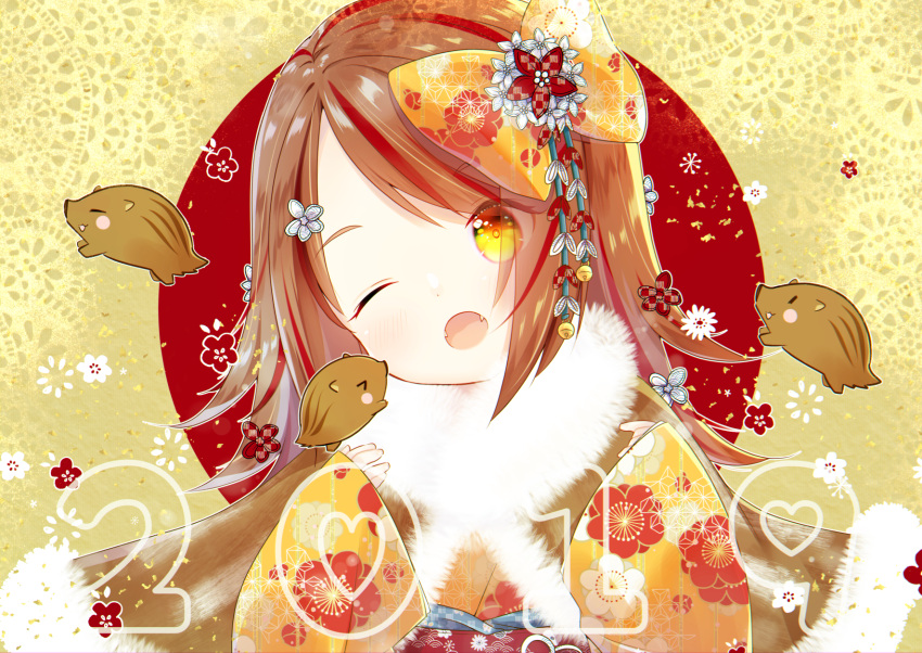 &gt;_&lt; 1girl 2019 ;o animal bell blush blush_stickers boar bow brown_hair chinese_zodiac closed_eyes commentary_request fangs floral_print fur_collar hair_bow hair_ornament hand_up head_tilt heart highres japanese_clothes jingle_bell kimono kuma_no_yume long_hair long_sleeves one_eye_closed open_mouth original print_kimono sleeves_past_wrists solo upper_body year_of_the_pig yellow_bow yellow_eyes yellow_kimono