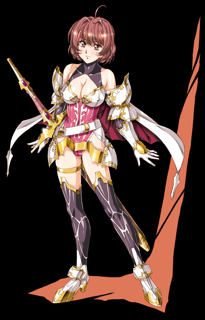 1girl absurdres betty_(langrisser) black_background breasts brown_eyes brown_hair full_body highres langrisser large_breasts official_art sheath sheathed simple_background smile solo standing sword thigh-highs thigh_strap urushihara_satoshi weapon