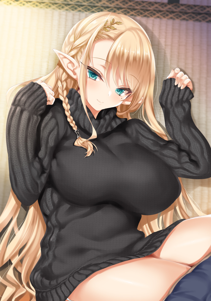 1girl absurdres bangs black_sweater blonde_hair blue_eyes braid breasts closed_mouth collarbone elf eyebrows_visible_through_hair eyelashes fantia_reward fingernails garter_straps hair_between_eyes hair_ornament highres kure_masahiro large_breasts long_fingernails long_hair long_sleeves looking_at_viewer lying mole mole_under_eye on_back original paid_reward pointy_ears side_braid sidelocks sleeves_past_wrists smile solo sweater tatami turtleneck turtleneck_sweater very_long_hair