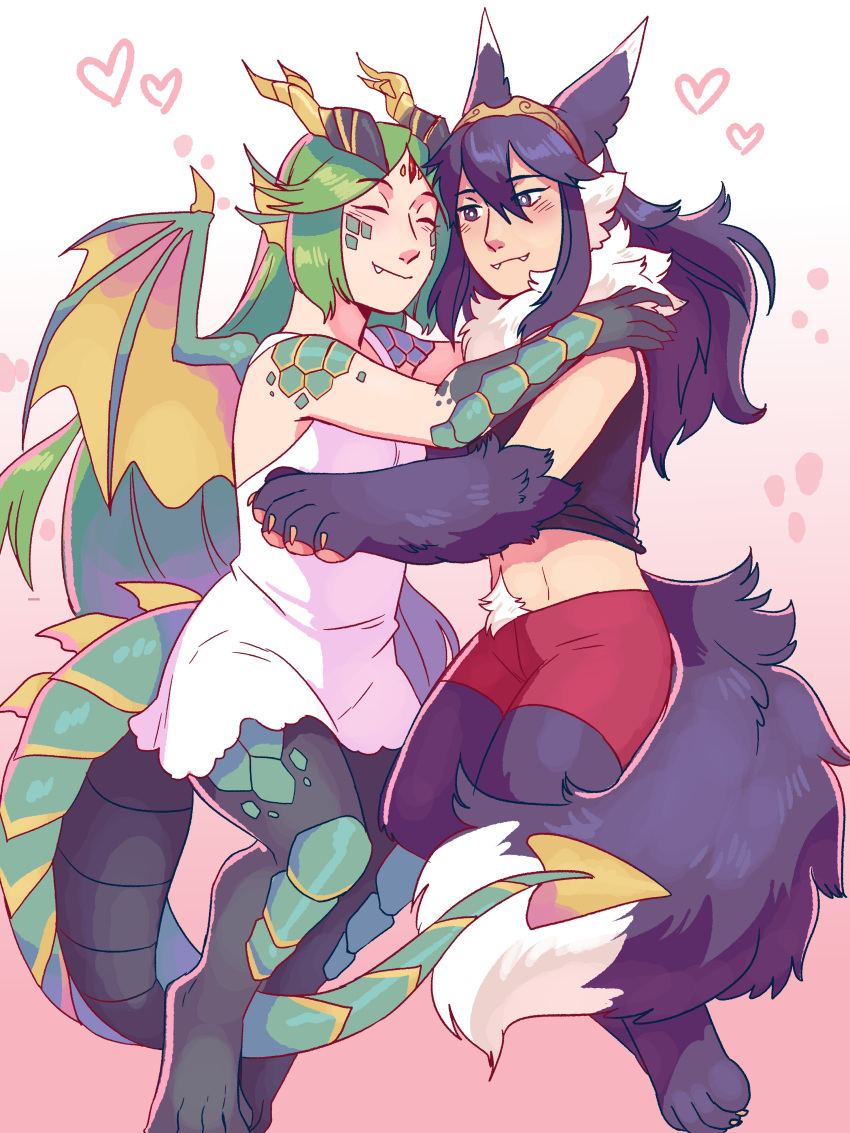 2girls absurdres animal_ears blue_eyes blue_hair blush breasts camisole closed_eyes couple dragon_girl dress fire_emblem fire_emblem:_kakusei frogbians full_body green_hair hig highres jewelry kid_icarus kid_icarus_uprising long_hair lucina monster_girl multiple_girls navel nintendo palutena scales shorts smile super_smash_bros. super_smash_bros._ultimate tail tiara werewolf wings wolf_ears yuri