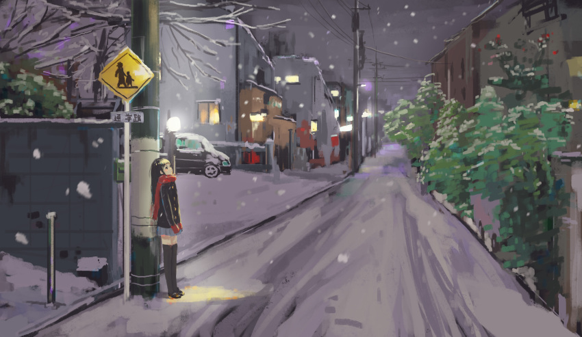1girl absurdres building car ground_vehicle highres lamppost long_hair long_sleeves motor_vehicle night original pleated_skirt power_lines road road_sign salt_fish_taro scarf scenery sign skirt snow snowing thigh-highs tree window winter winter_clothes