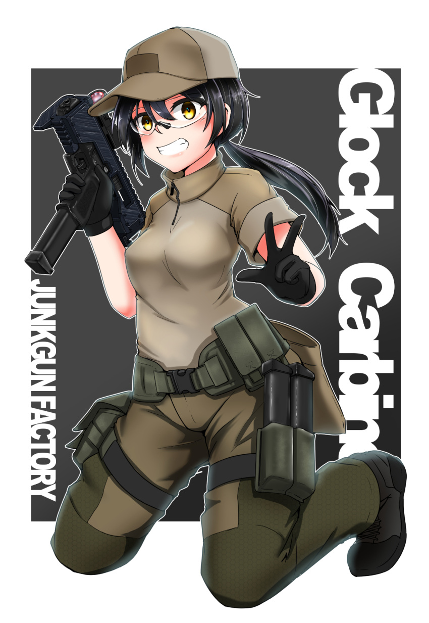 1girl black_hair extended_magazine glock gloves gun handgun hat highres holding holding_gun holding_weapon kneeling load_bearing_equipment long_hair magazine_(weapon) original ponytail sekino_takehiro shooting_glasses smile trigger_discipline v weapon yellow_eyes