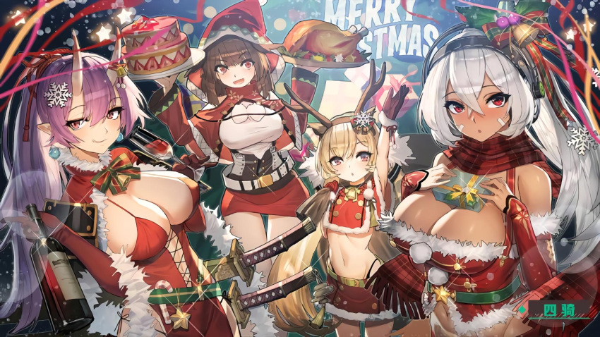 alternate_costume antlers arm_up azur_lane bare_shoulders bell belt blonde_hair bottle breasts brown_hair cake capelet censored christmas cleavage cup dark_skin detached_sleeves dress drinking_glass eldridge_(azur_lane) eyebrows_visible_through_hair facepaint food fur-trimmed_sleeves fur_trim gift gloves groin hair_between_eyes hair_ornament hair_ribbon headphones height_difference highleg highleg_panties highres holding holding_sack holding_tray horns izumo_(azur_lane) large_breasts long_hair long_sleeves looking_at_viewer merry_christmas midriff minneapolis_(azur_lane) native_american navel navel_cutout official_art oni_horns open_mouth panties plaid plaid_scarf pointy_ears pom_pom_(clothes) ponytail purple_hair red_capelet red_dress red_eyes red_hood red_skirt reindeer_antlers ribbon sack santa_costume scarf sheath short_hair side-tie_panties sideboob siqi_(miharuu) skirt snowflake_hair_ornament streamers sword thigh_gap thighs tray turkey_(food) underwear very_long_hair weapon white_hair wine_bottle wine_glass yamashiro_(azur_lane)