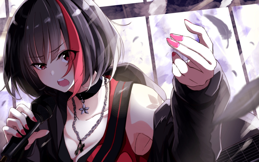 1girl bang_dream! black_choker black_hair black_jacket choker commentary_request eyebrows_visible_through_hair fingernails fuu_(fuore) hand_up highres holding holding_microphone jacket jewelry looking_at_viewer microphone mitake_ran multicolored_hair music nail_polish necklace off_shoulder open_mouth red_eyes red_nails round_teeth short_hair singing solo streaked_hair teeth uneven_eyes upper_body wide-eyed