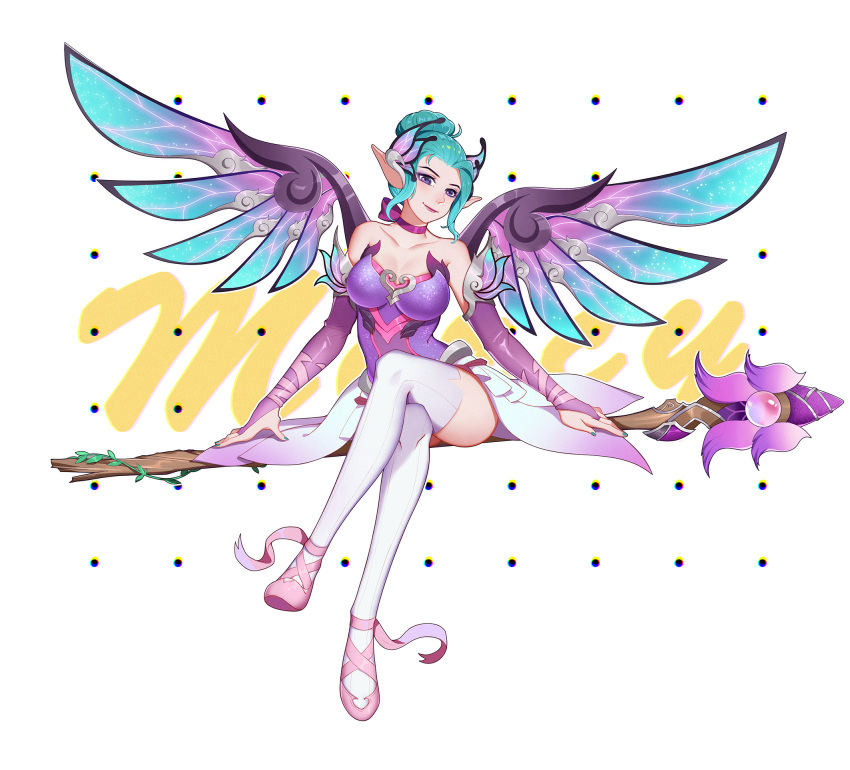 1girl aqua_hair aqua_nails bare_shoulders blue_wings breasts character_name choker chromatic_aberration cleavage dress duximeng elbow_gloves fairy_wings full_body gloves hair_bun hair_ornament highres large_breasts legs_crossed light_smile mechanical_wings mercy_(overwatch) nail_polish overwatch pink_footwear pointy_ears polka_dot polka_dot_background purple_dress purple_gloves purple_lips purple_ribbon ribbon ribbon_choker shoes simple_background sitting sleeveless sleeveless_dress solo spread_wings staff sugar_plum_fairy_mercy thigh-highs violet_eyes white_background white_legwear wings
