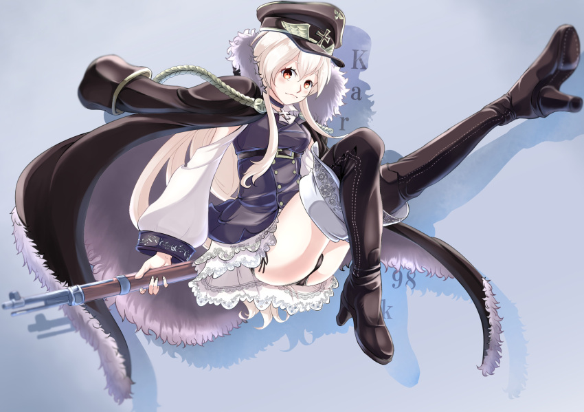 1girl bangs black_choker black_coat black_dress black_footwear black_hat black_panties black_skirt bolt_action boots character_name choker closed_mouth commentary_request cross_choker dress eyebrows_visible_through_hair fur_trim girls_frontline grey_background gun hat high_heel_boots high_heels highres holding holding_gun holding_weapon ikeshiki-chuujou insignia invisible_chair iron_cross jacket_on_shoulders kar98k_(girls_frontline) lace lace-trimmed_panties leg_up light_blush lips long_hair long_sleeves looking_at_viewer mauser_98 panties pantyshot pantyshot_(standing) peaked_cap petticoat red_eyes rifle short_dress side-tie_panties sitting skirt smile solo standing thigh-highs thigh_boots underwear very_long_hair weapon white_hair
