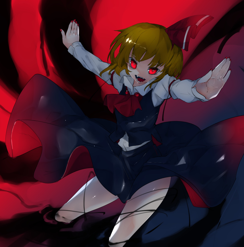 +_+ arm_garter ascot bare_legs black_background black_skirt black_vest blonde_hair commentary_request cowboy_shot darkness eyebrows_visible_through_hair fangs fingernails glowing glowing_eyes hair_ribbon highres ikurauni jewelry long_fingernails long_sleeves looking_at_viewer nail_polish open_mouth outstretched_arms red_background red_eyes red_nails red_neckwear red_ribbon ribbon rumia shiny shiny_hair shirt short_hair skirt skirt_lift spread_arms symbol-shaped_pupils touhou two-tone_background vest white_shirt wind wind_lift wing_collar