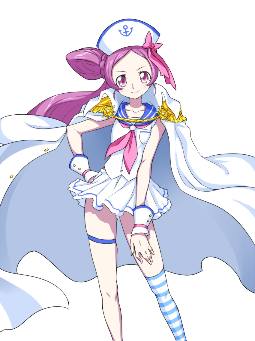 1girl absurdres alternate_costume alternate_hairstyle anchor_symbol closed_mouth cure_blossom epaulettes hanasaki_tsubomi hat heartcatch_precure! highres leg_garter legs looking_at_viewer matatabi_(karukan222) one_side_up pink_eyes pink_hair pink_ribbon precure ribbon simple_background single_thighhigh skirt smile solo standing striped striped_legwear thigh-highs white_background white_hat white_skirt