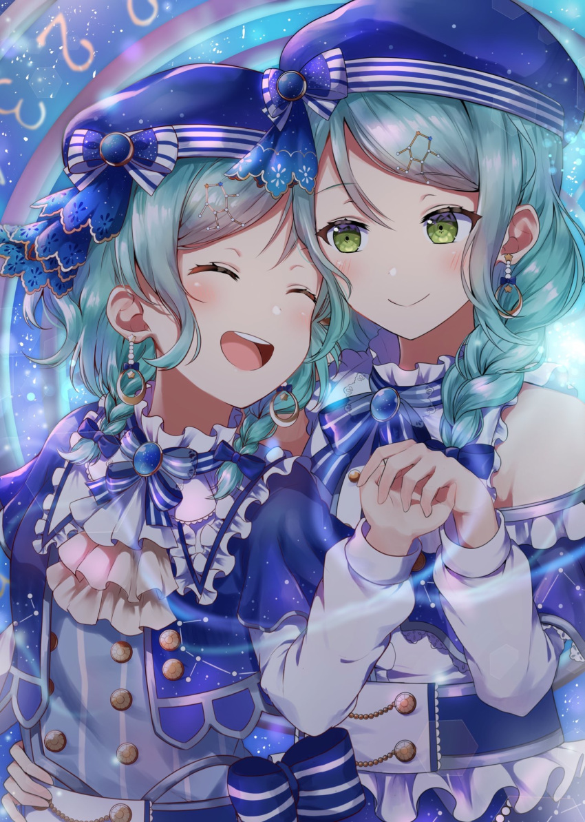2girls :d ^_^ alternate_hairstyle aqua_hair arm_around_waist ascot bang_dream! beret blue_bow blue_hat blue_neckwear blush bow braid closed_eyes closed_eyes constellation_hair_ornament constellation_print double-breasted earrings frilled_shirt_collar frills green_eyes hair_bow hair_over_shoulder hand_on_another's_waist hat hat_bow highres hikawa_hina hikawa_sayo incest jewelry long_hair long_sleeves looking_at_another mia_(fai1510) multiple_girls neck_ribbon open_mouth ribbon short_hair shoulder_cutout siblings side_braids single_braid sisters smile striped striped_bow striped_neckwear twincest twins upper_body yuri